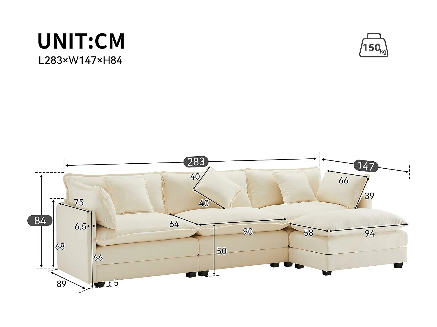 Divano angolare 3 posti in ciniglia - con poggiapiedi componibile - Beige