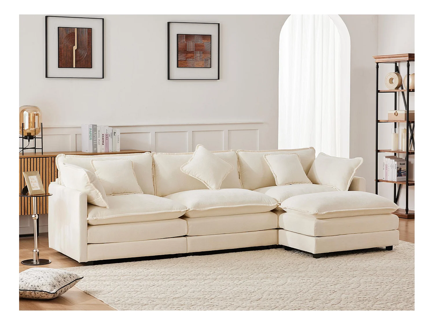 Canapé d'angle 3 places en chenille - avec un repose-pieds modulable - Beige