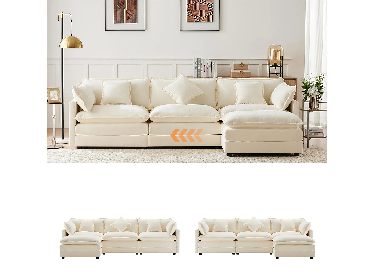 Canapé d'angle 3 places en chenille - avec un repose-pieds modulable - Beige