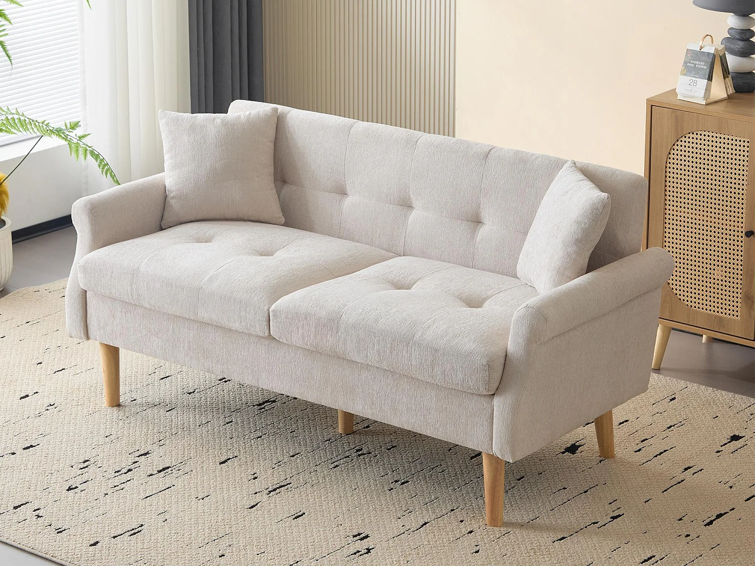 Canapé rembourré en chenille 2 places - 162x74x77 cm - Beige