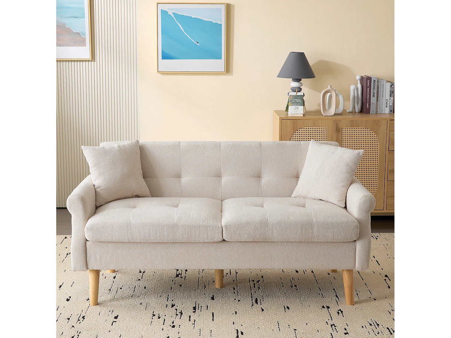 Canapé rembourré en chenille 2 places - 162x74x77 cm - Beige