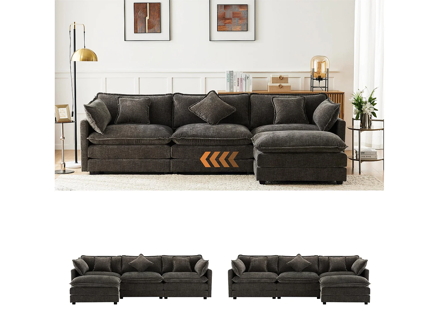 Canapé d'angle 3 places en chenille - avec un repose-pieds modulable - Gris