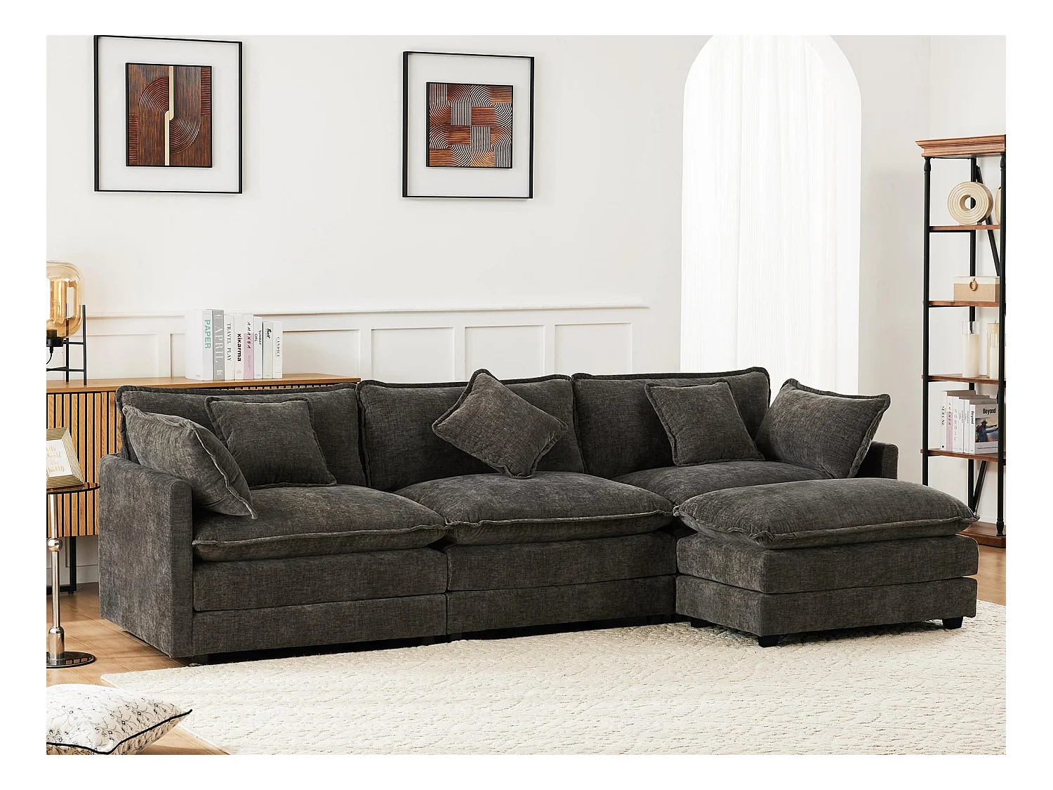 Canapé d'angle 3 places en chenille - avec un repose-pieds modulable - Gris