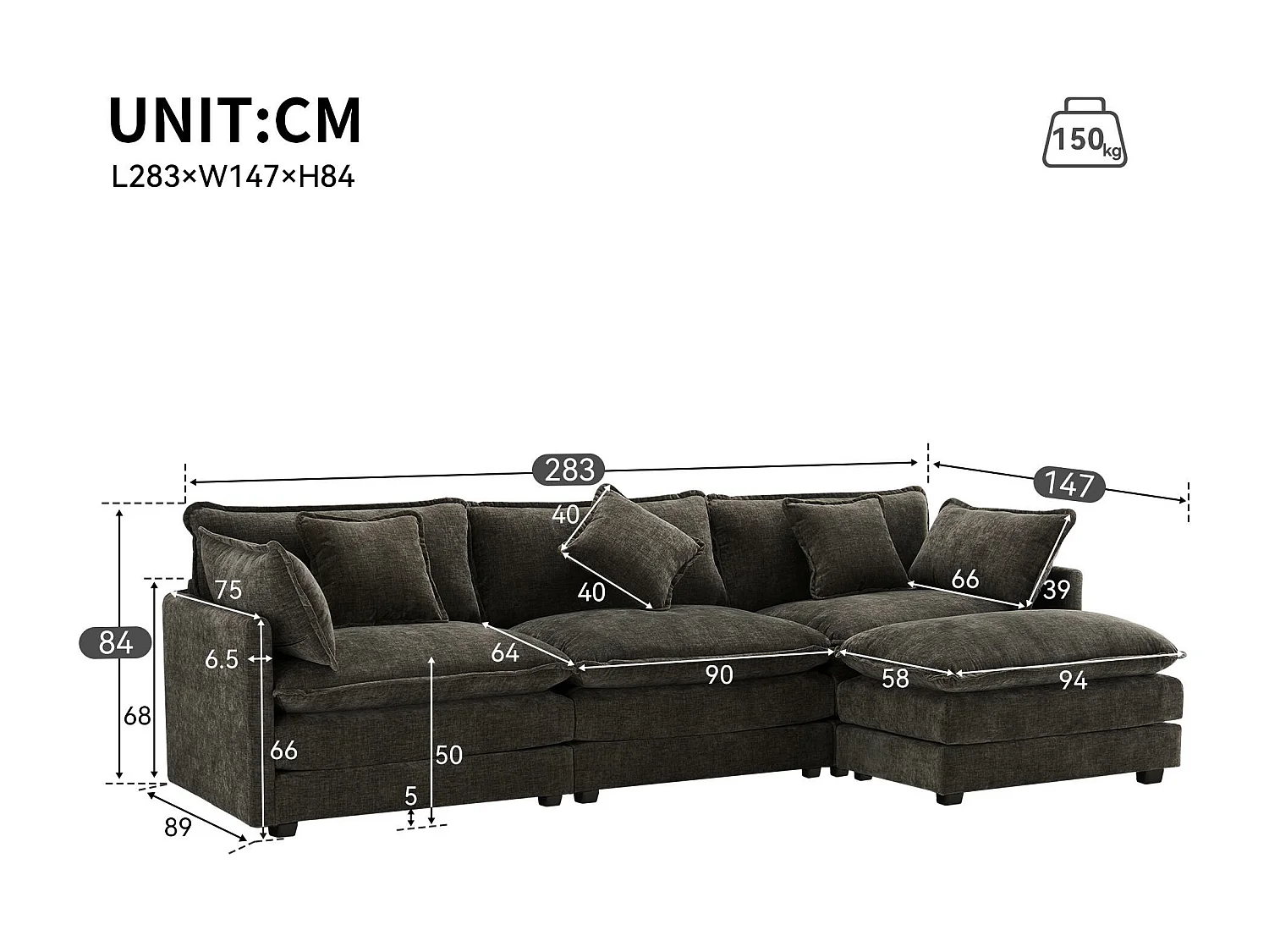 Canapé d'angle 3 places en chenille - avec un repose-pieds modulable - Gris