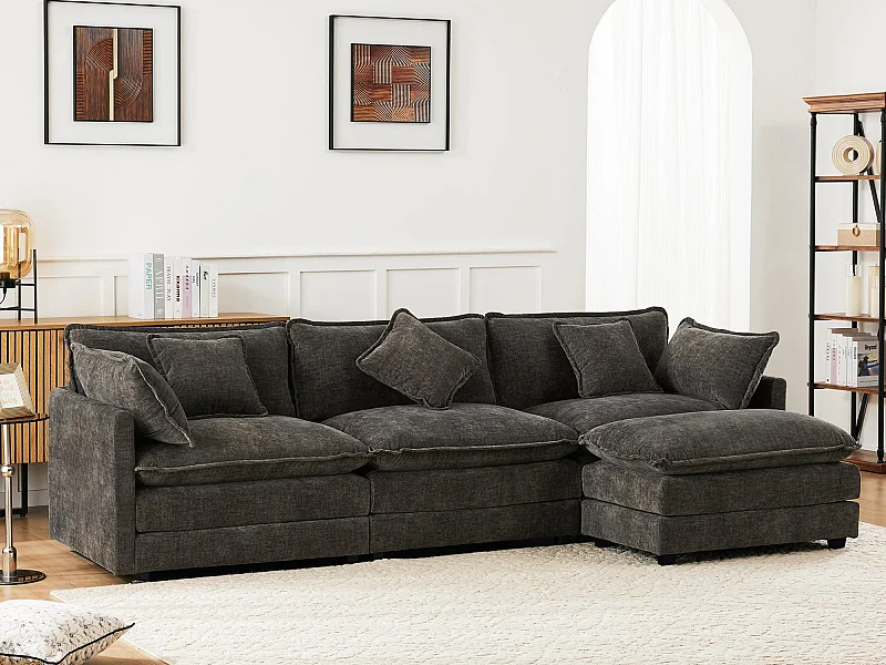3-Sitzer-Ecksofa aus Chenille - mit modularer Fußstütze - Grau