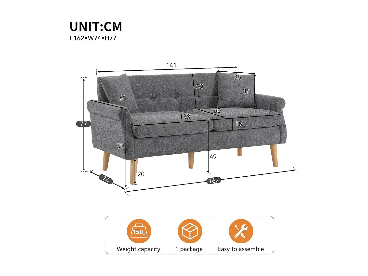 Sofá estofado chenille 2 lugares - 162x74x77 cm - Cinza