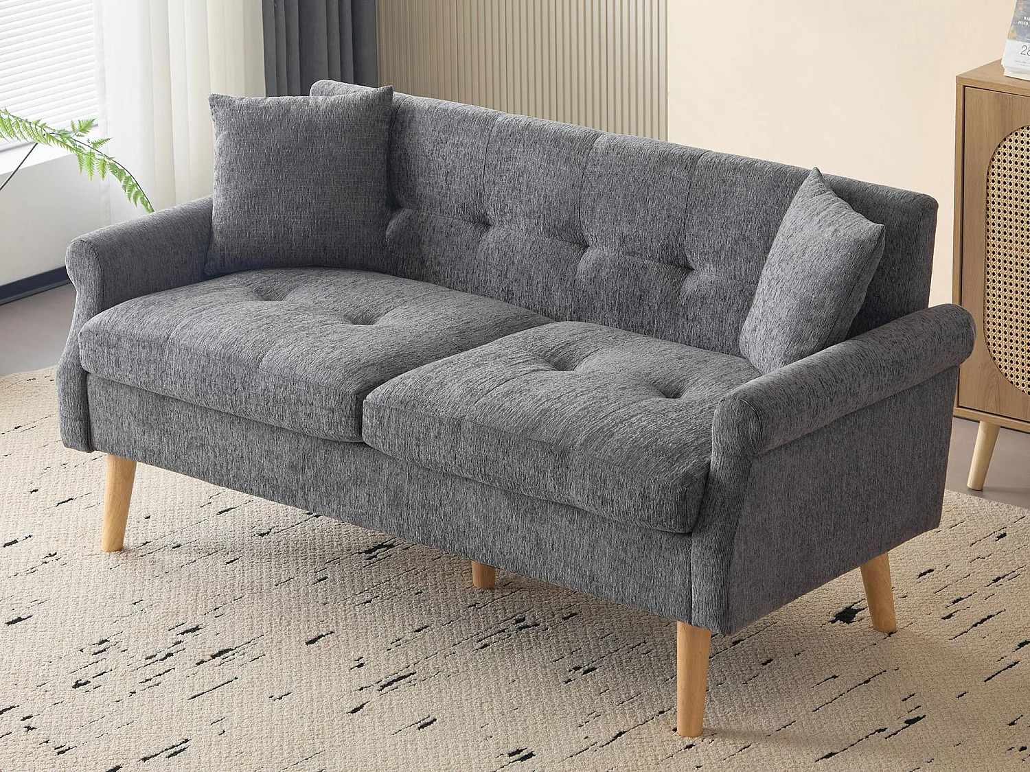 Canapé rembourré en chenille 2 places - 162x74x77 cm - Gris