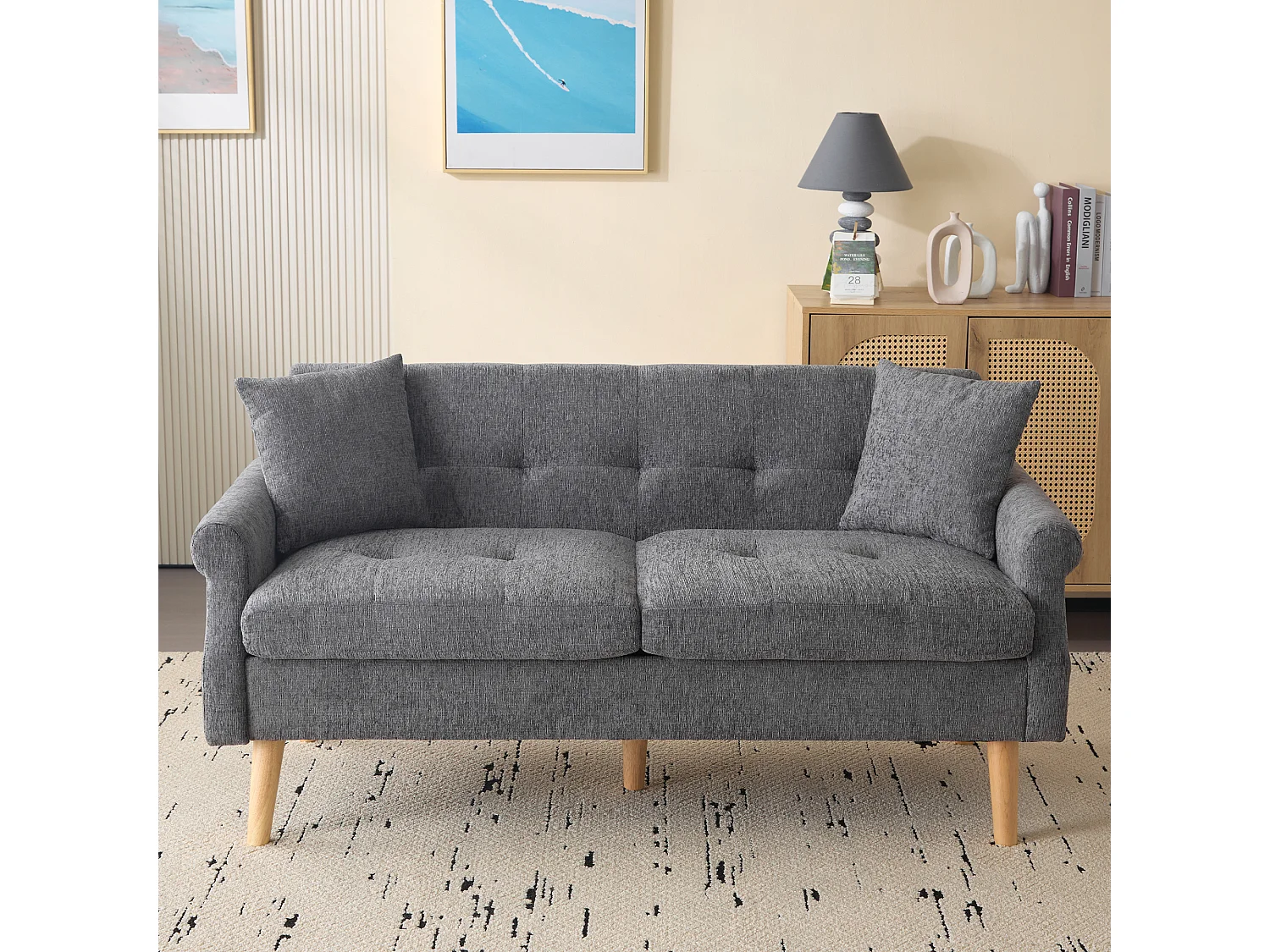 Canapé rembourré en chenille 2 places - 162x74x77 cm - Gris