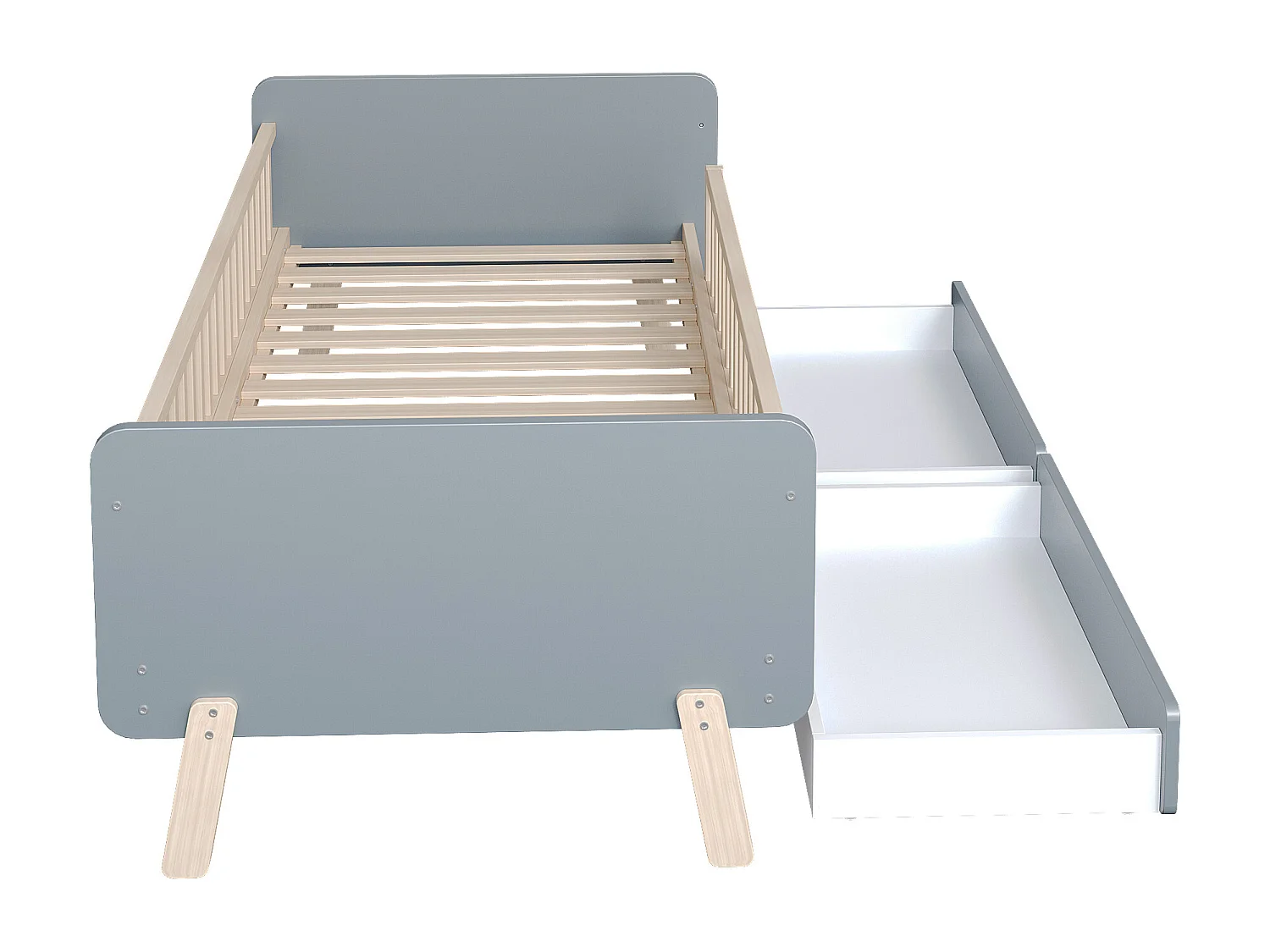 Lit enfant 90x190cm avec 2 tiroirs - lit simple en bois massif avec sommier à lattes - Gris