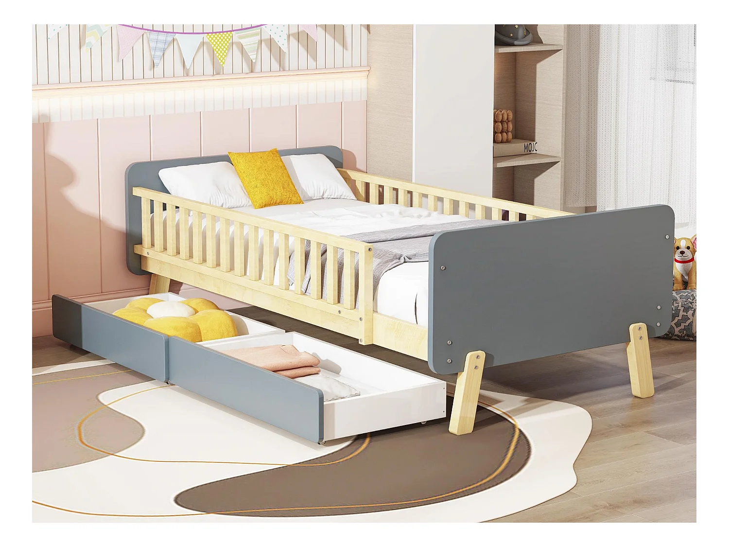 Kinderbed 90x190cm met 2 lades - massief houten eenpersoonsbed met lattenbodem - Grijs