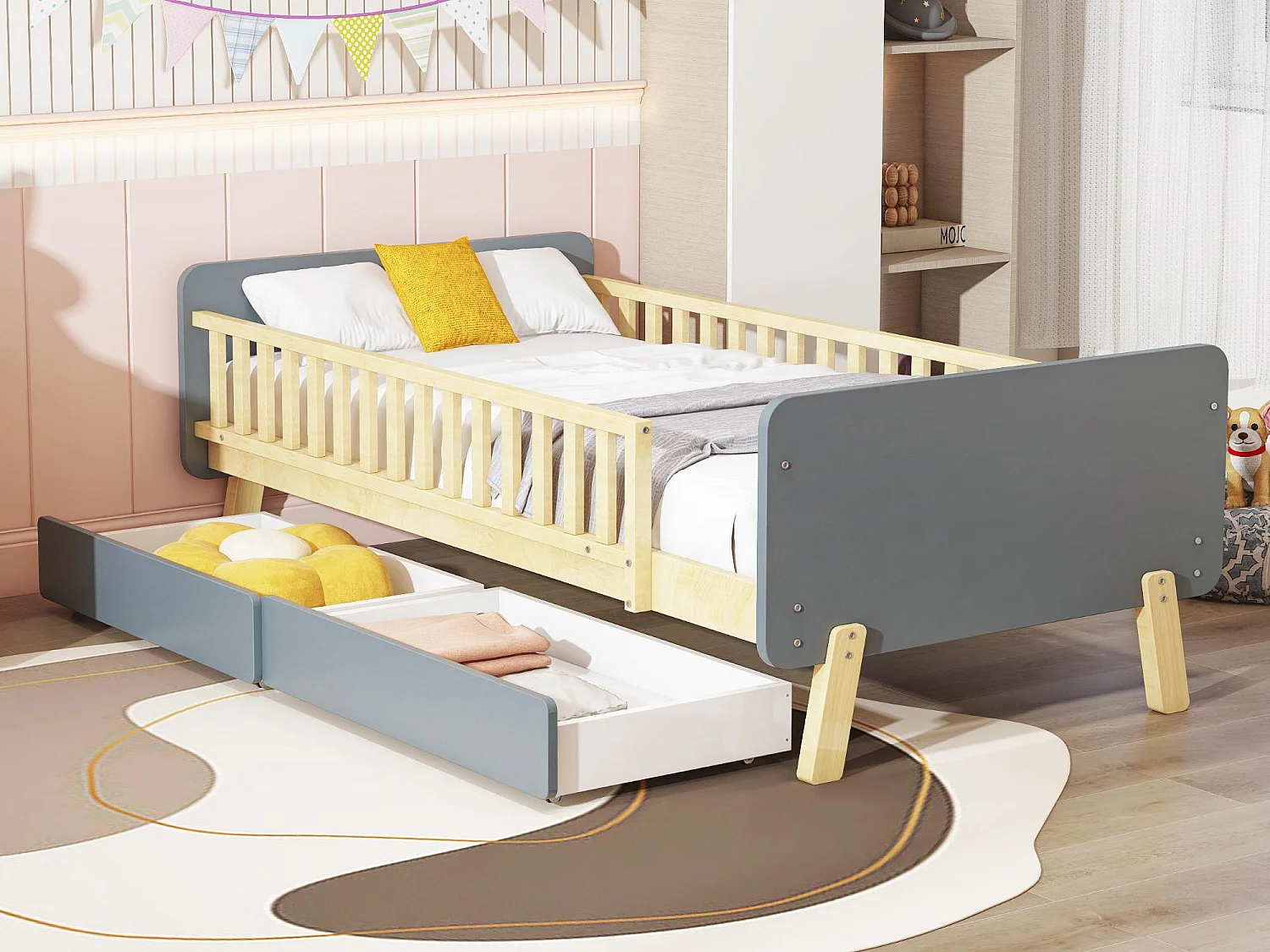 Lit enfant 90x190cm avec 2 tiroirs - lit simple en bois massif avec sommier à lattes - Gris