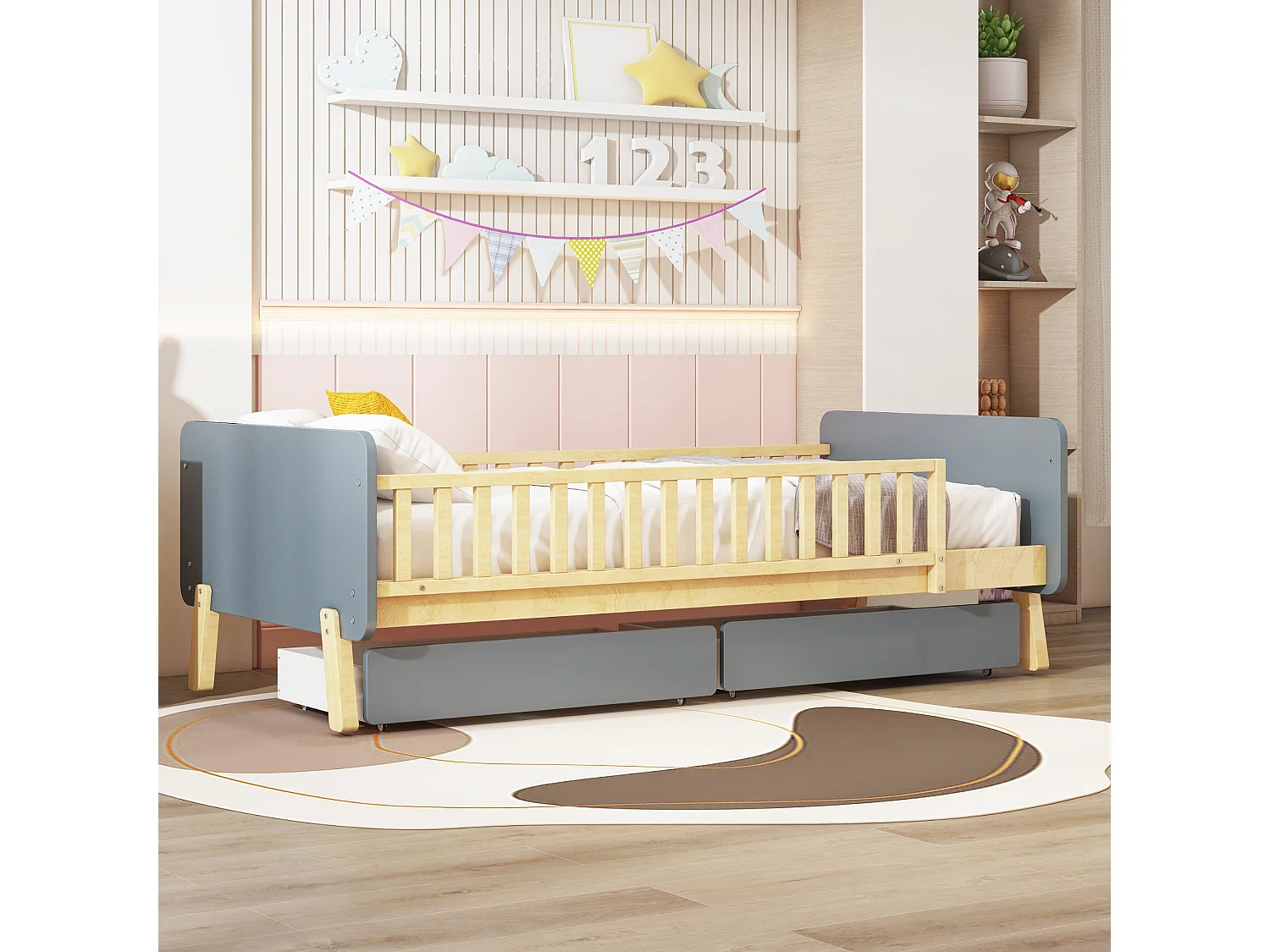Lit enfant 90x190cm avec 2 tiroirs - lit simple en bois massif avec sommier à lattes - Gris