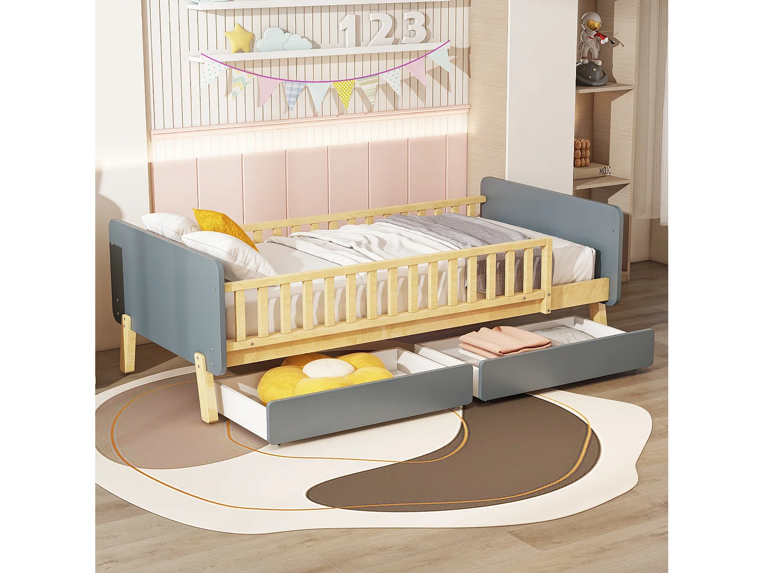 Lit enfant 90x190cm avec 2 tiroirs - lit simple en bois massif avec sommier à lattes - Gris