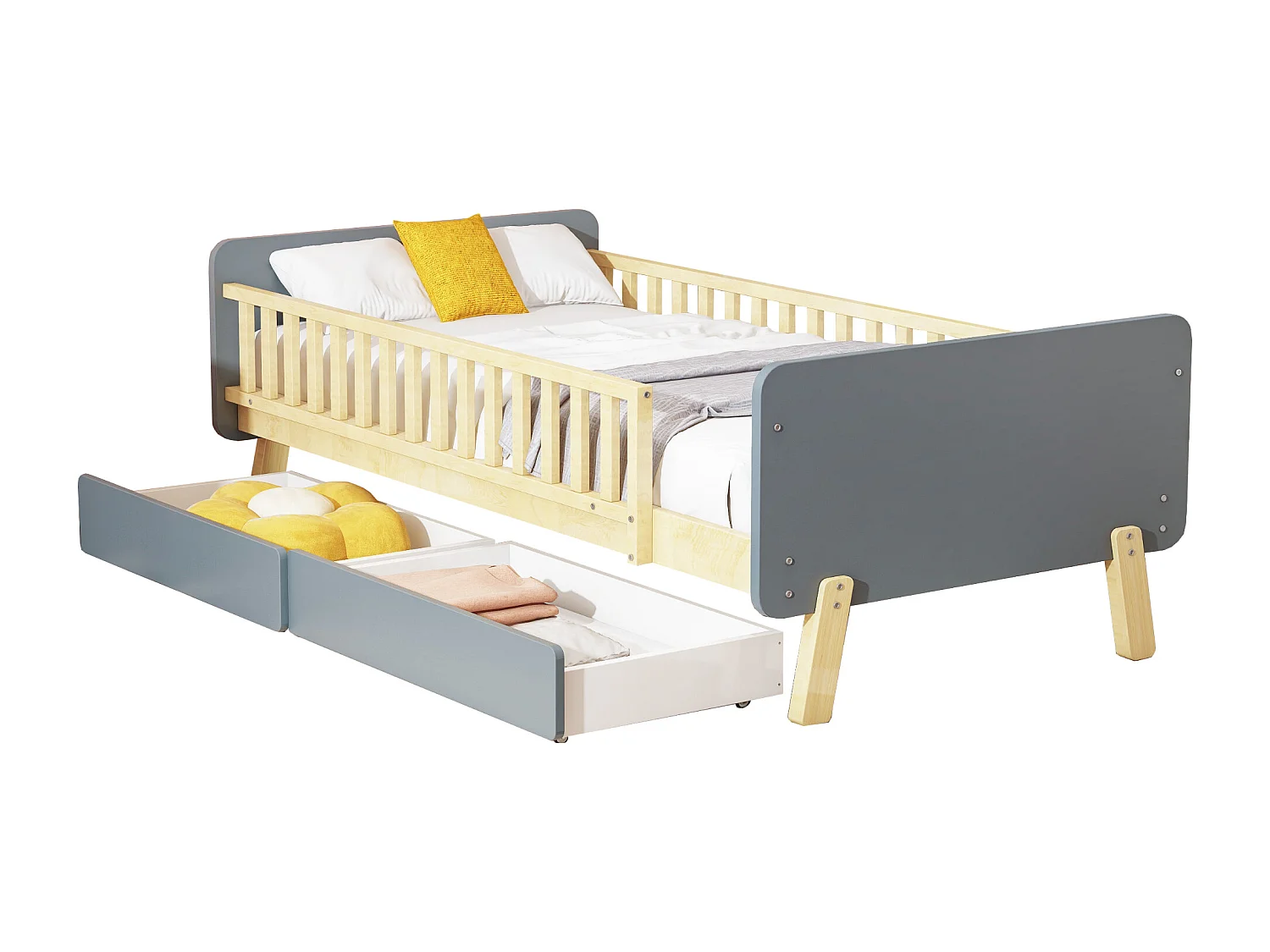 Lit enfant 90x190cm avec 2 tiroirs - lit simple en bois massif avec sommier à lattes - Gris