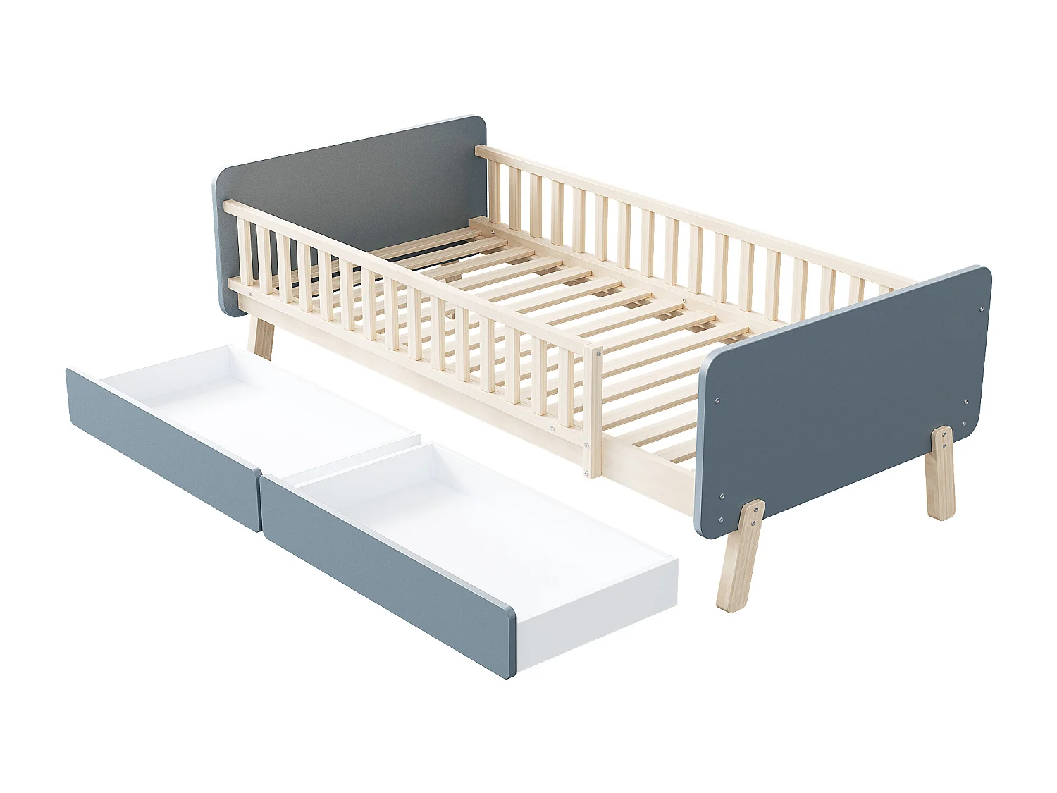 Lit enfant 90x190cm avec 2 tiroirs - lit simple en bois massif avec sommier à lattes - Gris