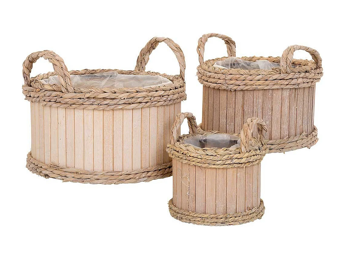 Conjunto de 3 cestos ovais em madeira castanha