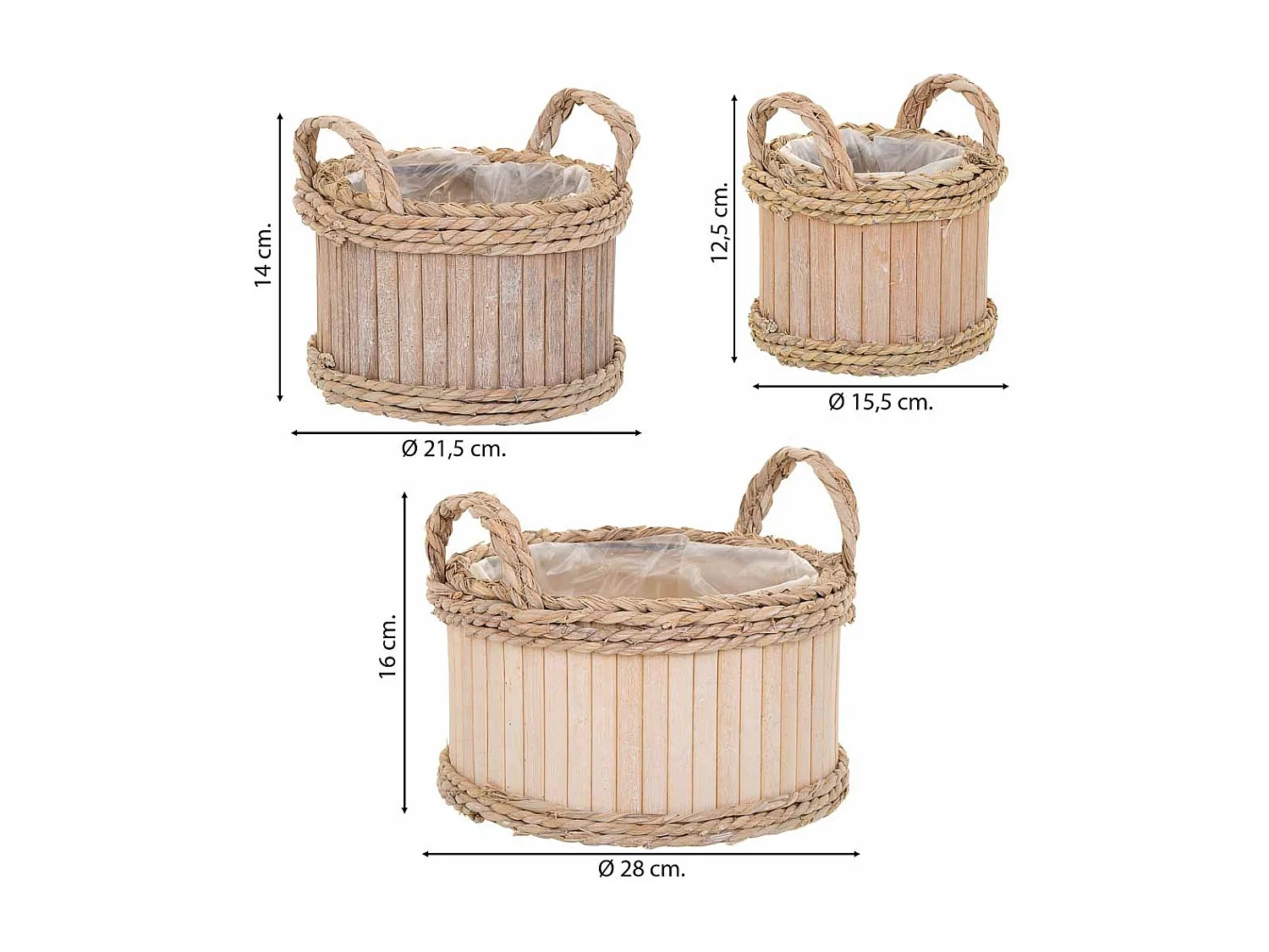 Conjunto de 3 cestos ovais em madeira castanha