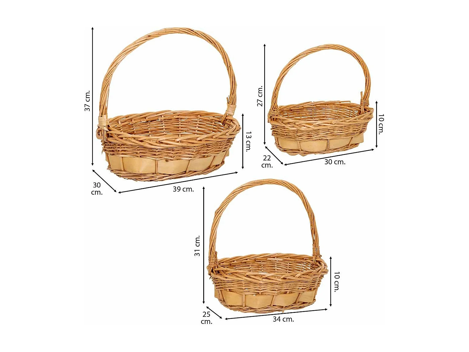 Set di 3 cestini in vimini con manici marroni