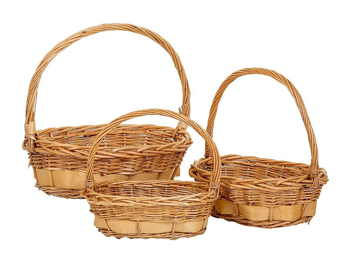 Set di 3 cestini in vimini con manici marroni