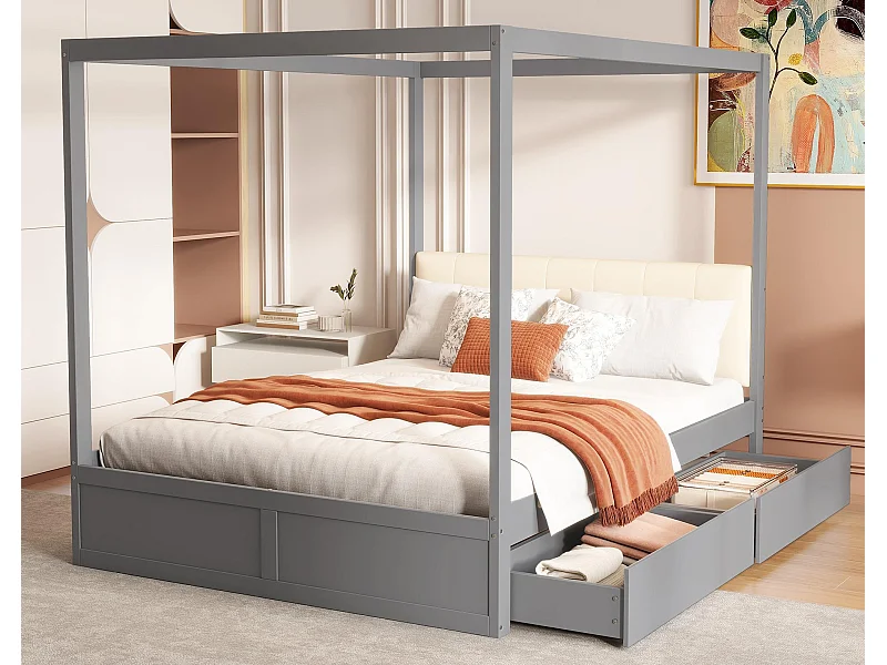 Cama de dossel em madeira 140x200cm - com cabeceira estofada e 2 gavetas - Cinza