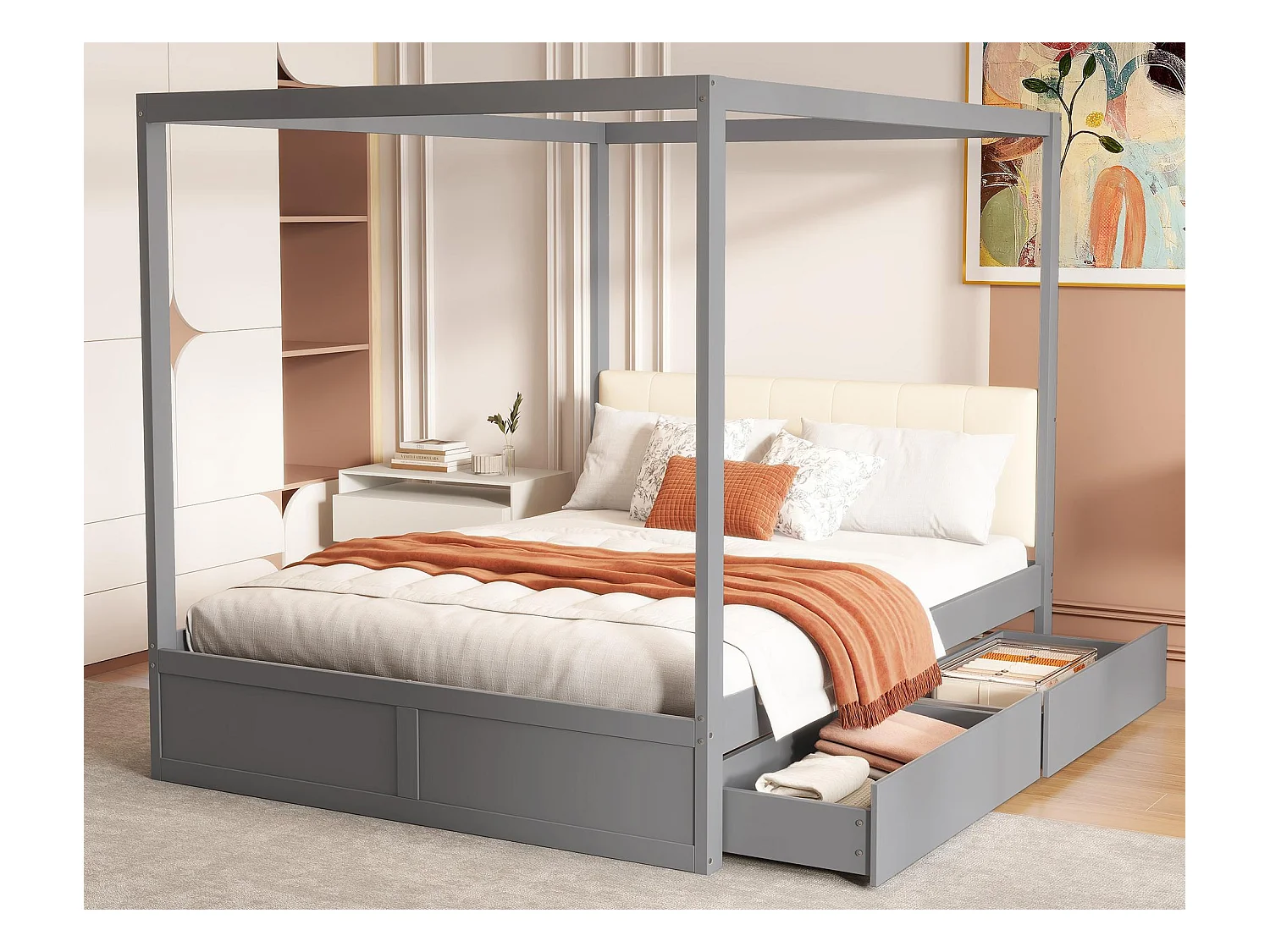 Cama de dossel em madeira 140x200cm - com cabeceira estofada e 2 gavetas - Cinza