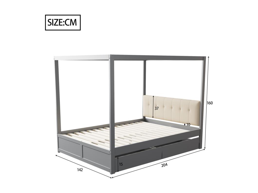 Cama de dossel em madeira 140x200cm - com cabeceira estofada e 2 gavetas - Cinza