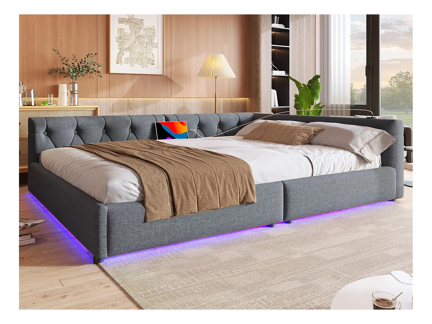 Diván de lino de 140 x 200 cm - con LED y puertos de carga - Gris
