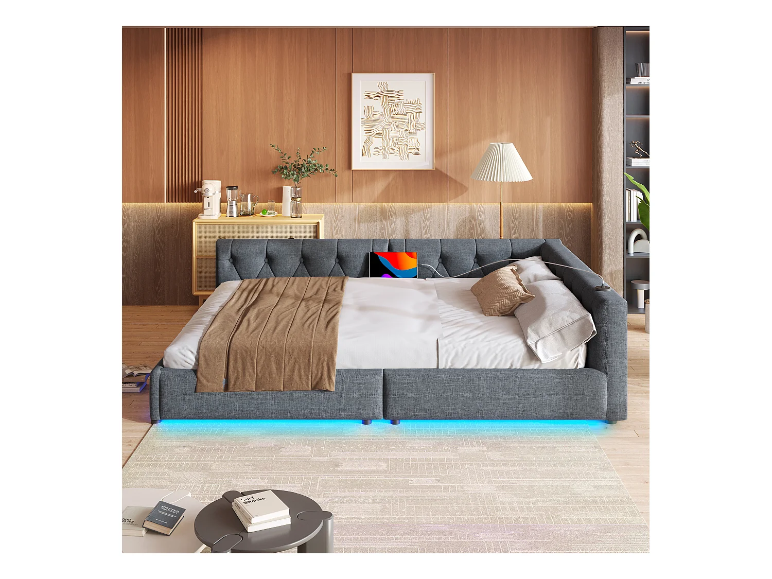 Leżanka lniana 140x200 cm - z diodami LED i portami ładowania - Szara