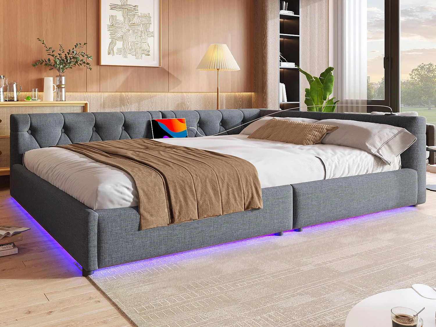 Lit banquette 140x200 cm en lin - avec LED et ports de recharge - Gris