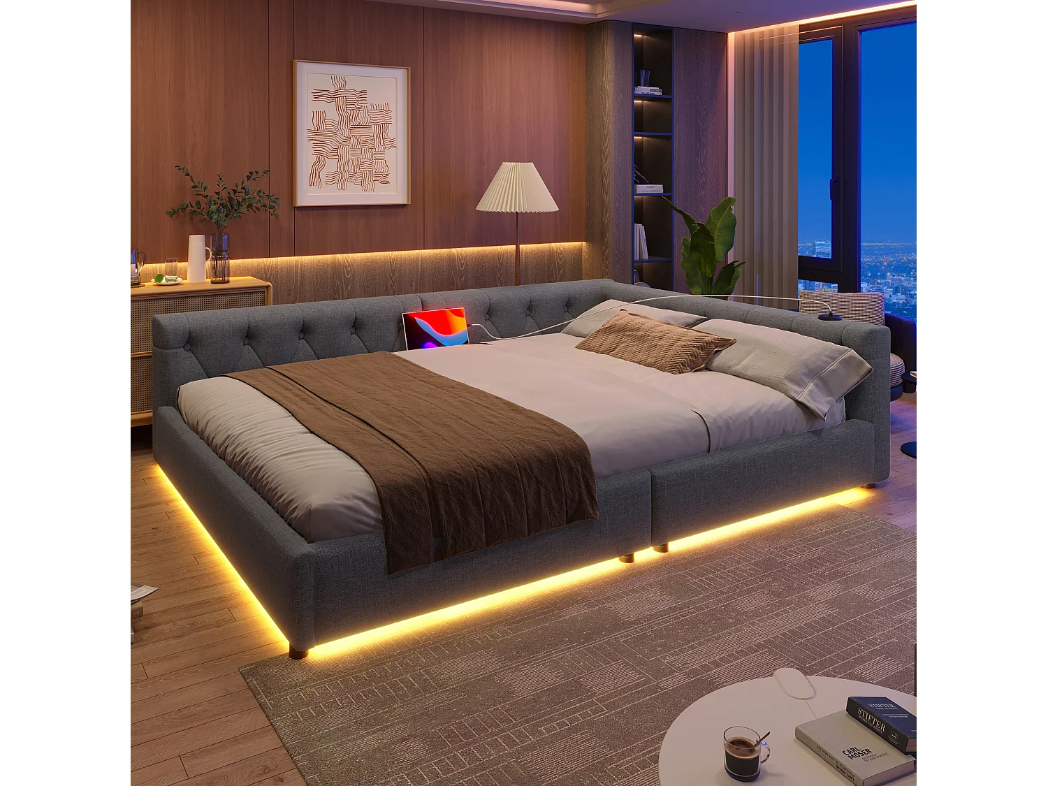 Lit banquette 140x200 cm en lin - avec LED et ports de recharge - Gris