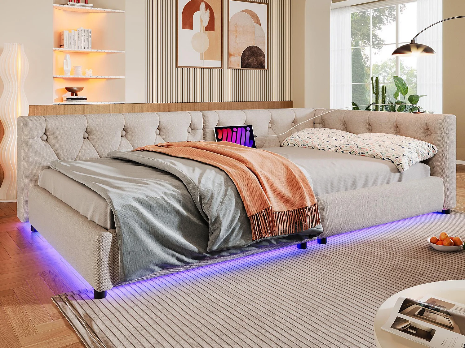 Lit banquette 90x200 cm en lin - avec LED et ports de recharge - Beige