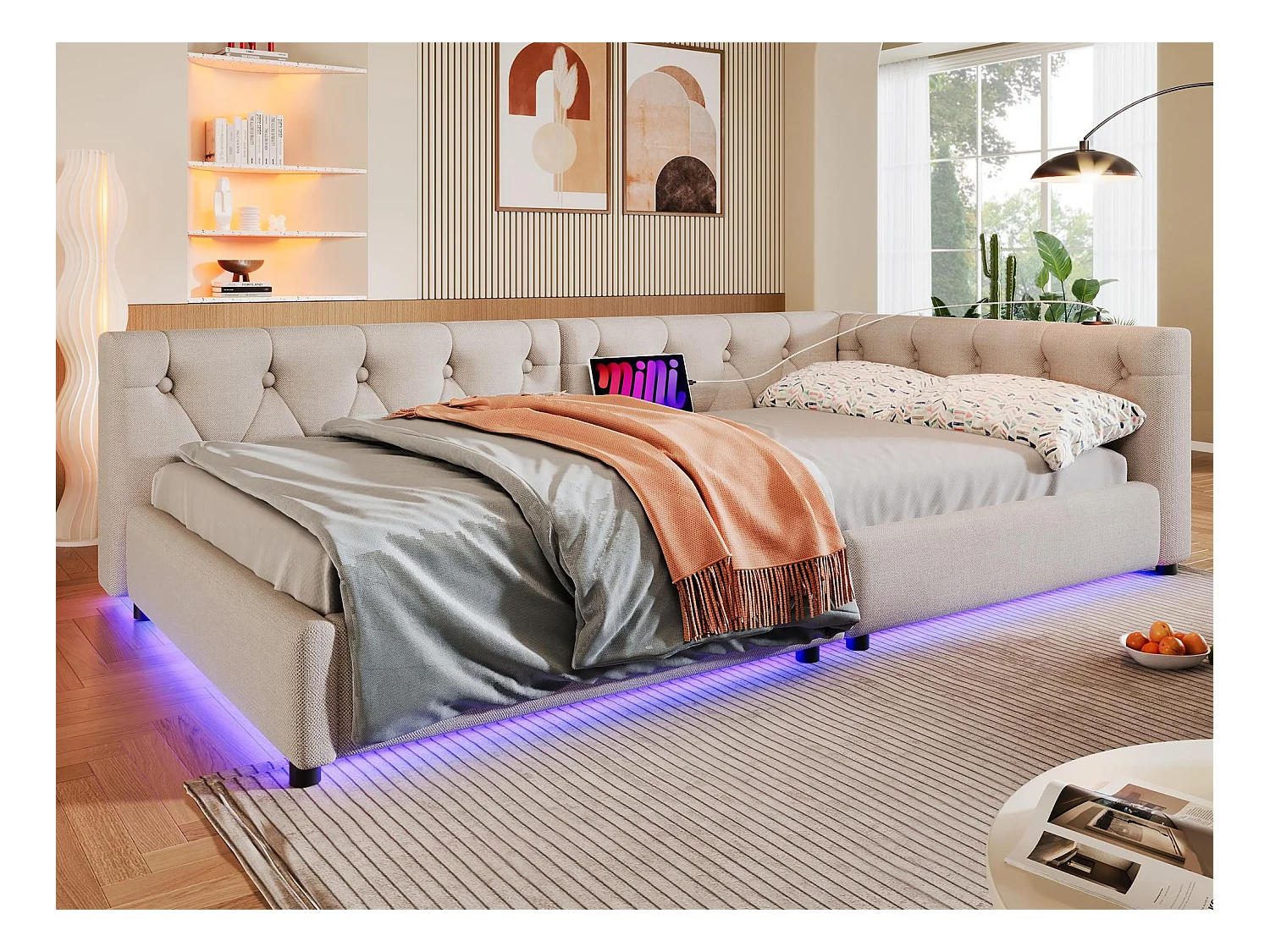 Diván de lino 90x200 cm - con LED y puertos de carga - Beige
