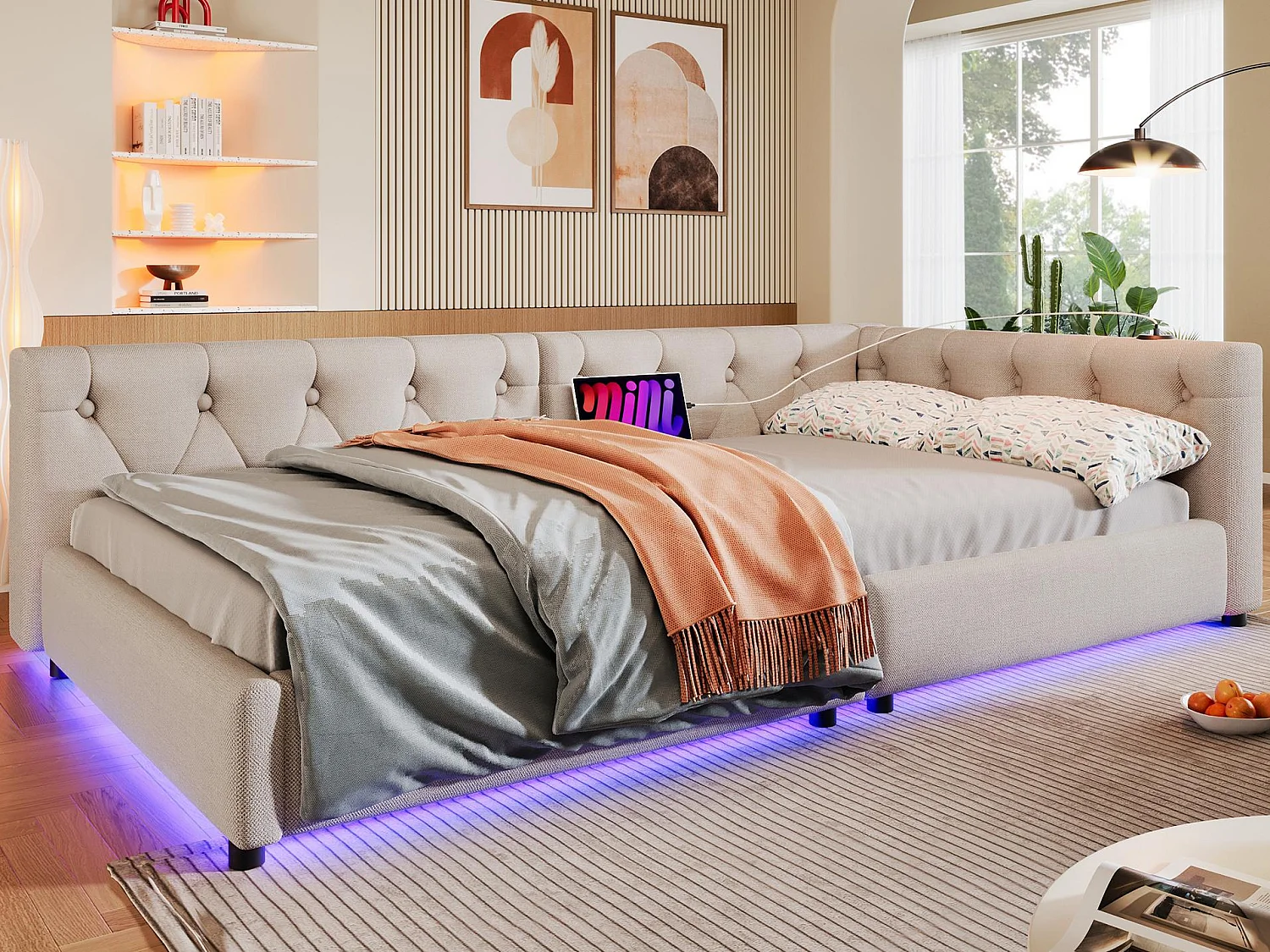 Lit banquette 90x200 cm en lin - avec LED et ports de recharge - Beige