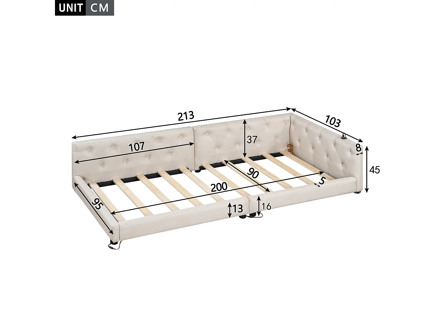 Lit banquette 90x200 cm en lin - avec LED et ports de recharge - Beige