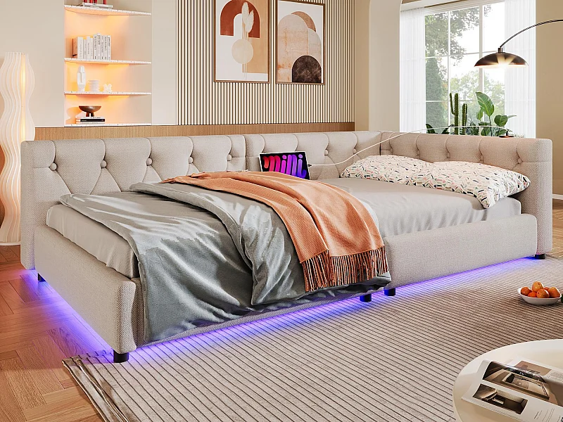 Lit banquette 90x200 cm en lin - avec LED et ports de recharge - Beige