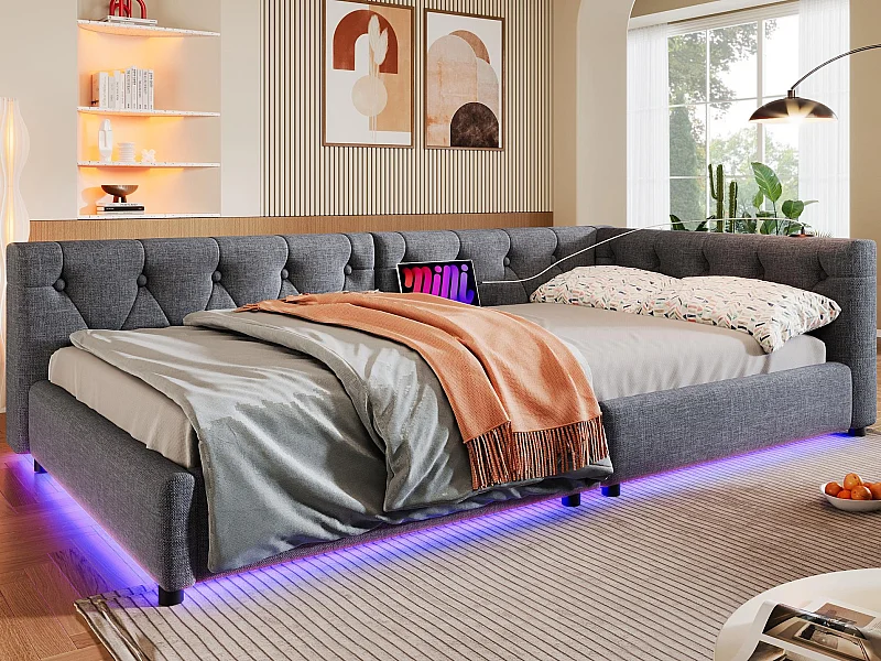 Cama de dia em linho 90x200 cm - com LED e portas de carregamento - Cinza