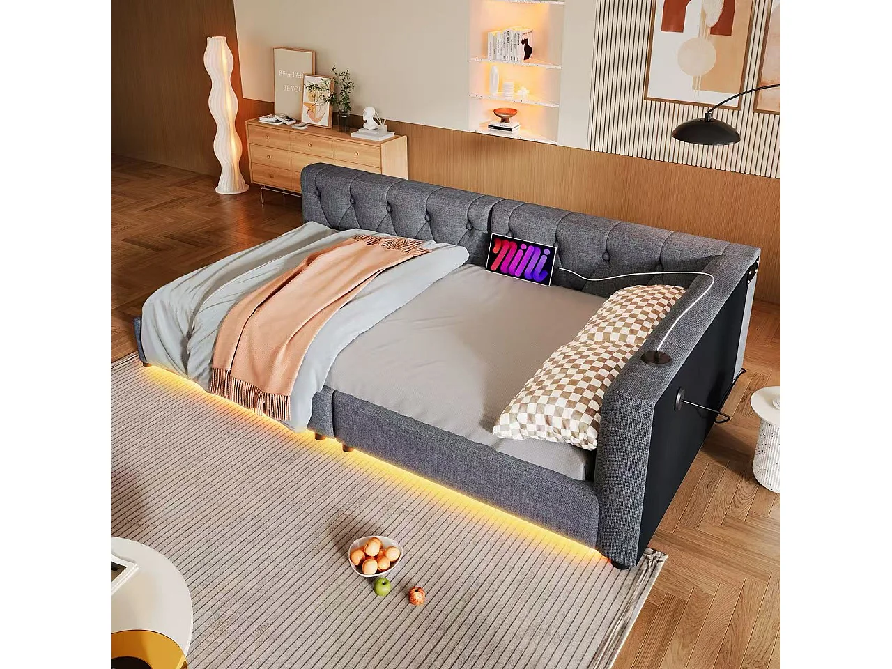 Lit banquette 90x200 cm en lin - avec LED et ports de recharge - Gris