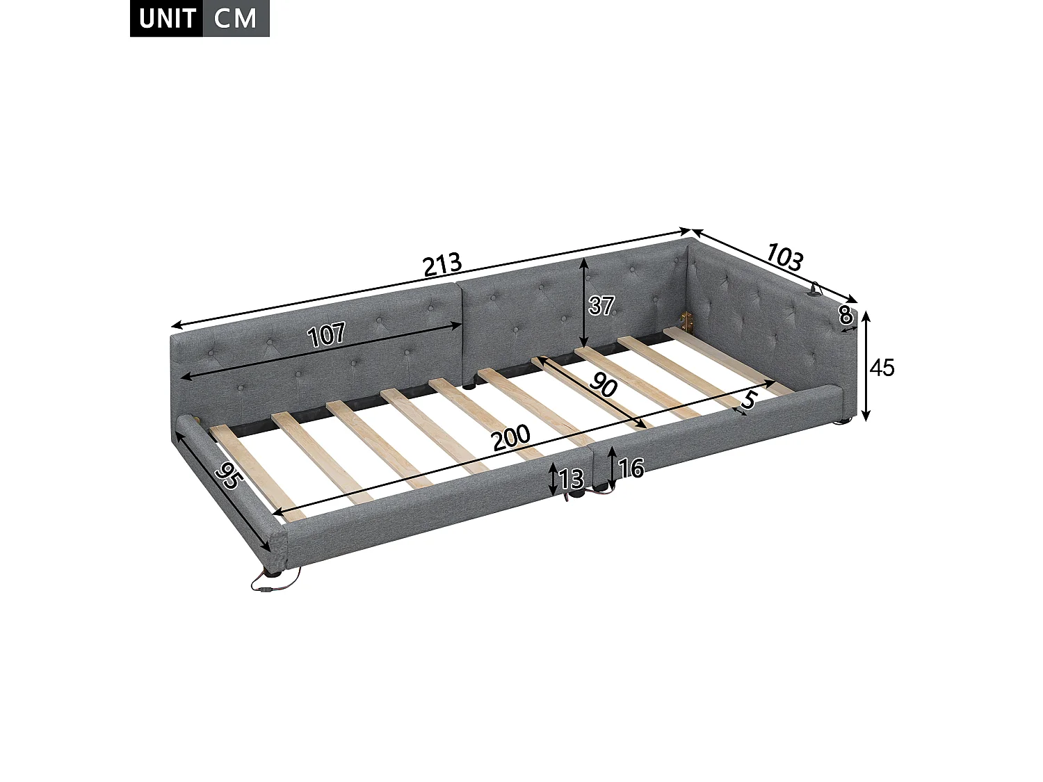 Lit banquette 90x200 cm en lin - avec LED et ports de recharge - Gris