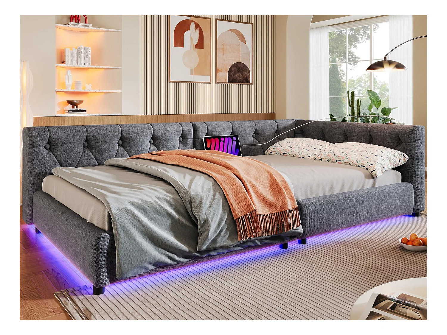 Diván de lino 90x200 cm - con LED y puertos de carga - Gris