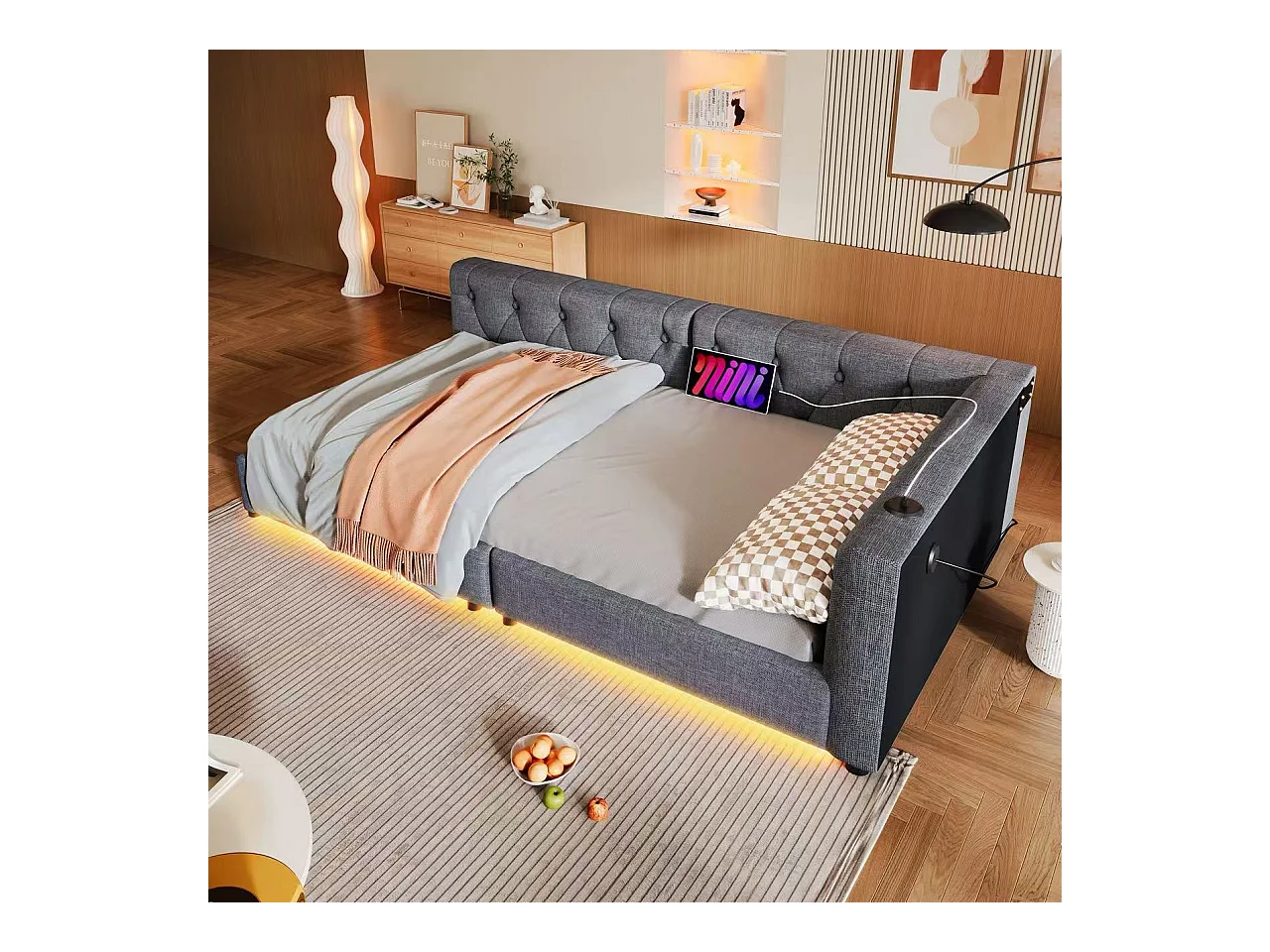 Leżanka lniana 90x200 cm - z diodami LED i portami ładowania - Szara