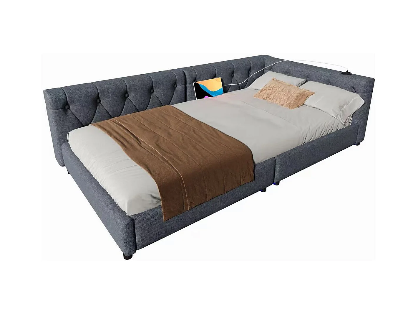 Leżanka lniana 90x200 cm - z diodami LED i portami ładowania - Szara