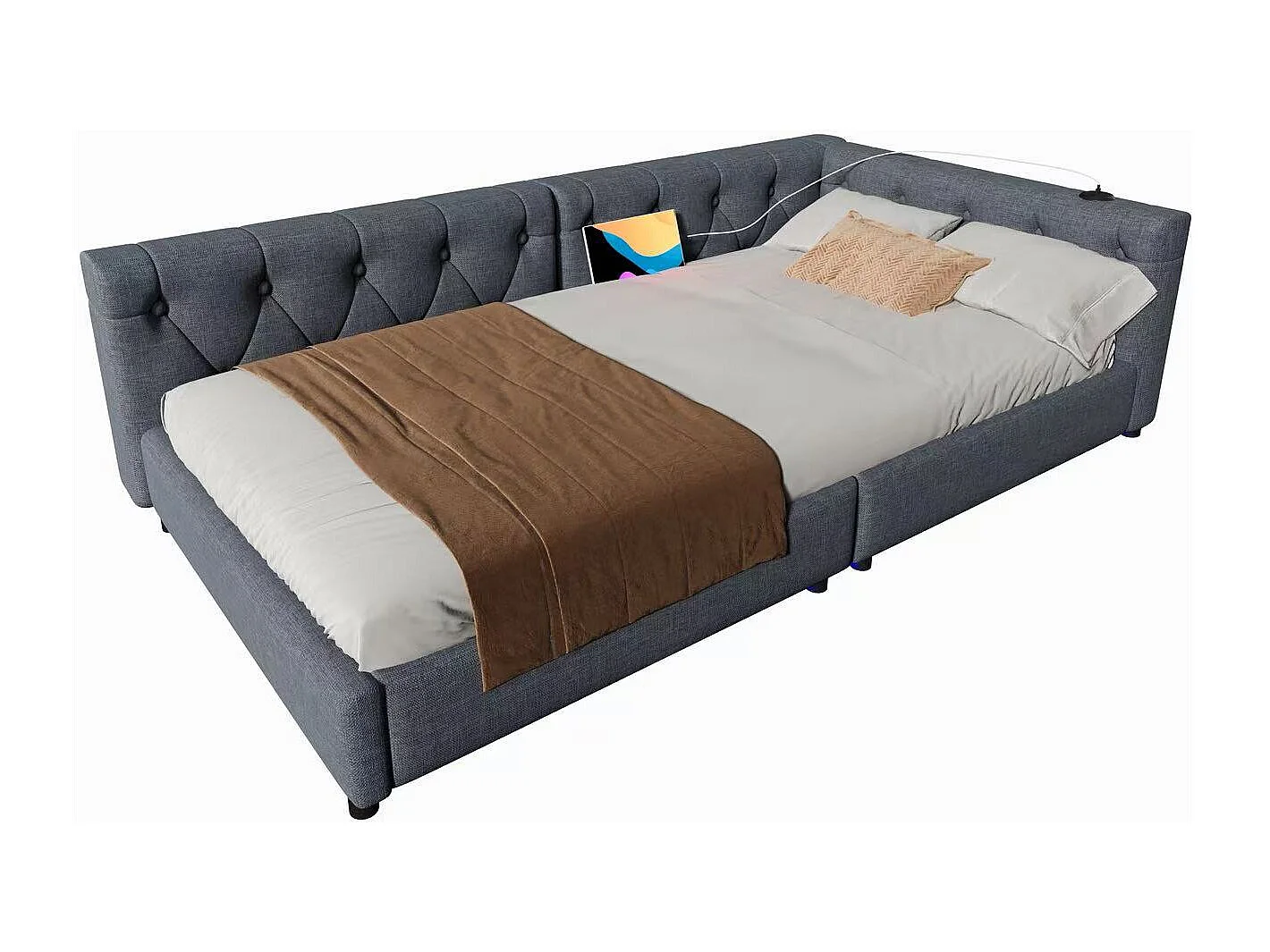 Lit banquette 90x200 cm en lin - avec LED et ports de recharge - Gris