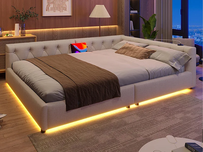 140x200 cm linnen daybed - met LED en oplaadpoorten - Beige