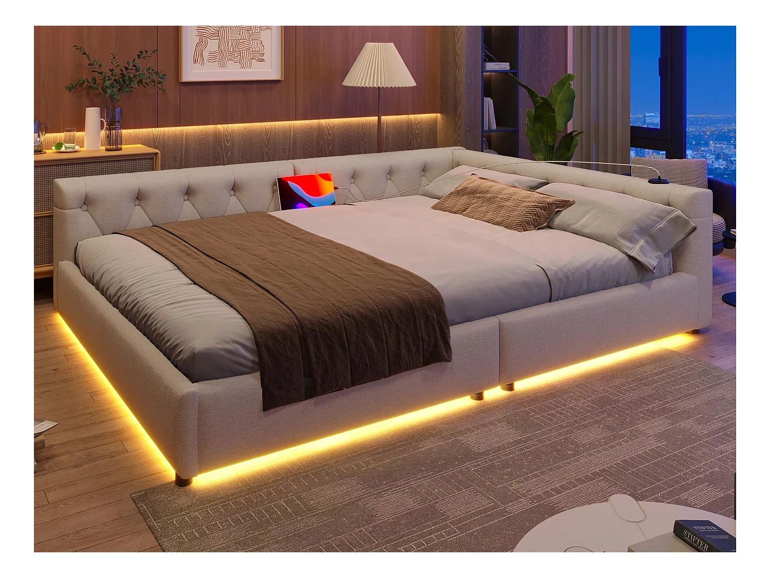Lit banquette 140x200 cm en lin - avec LED et ports de recharge - Beige