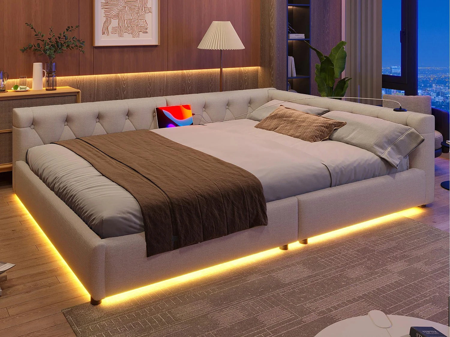 Lit banquette 140x200 cm en lin - avec LED et ports de recharge - Beige