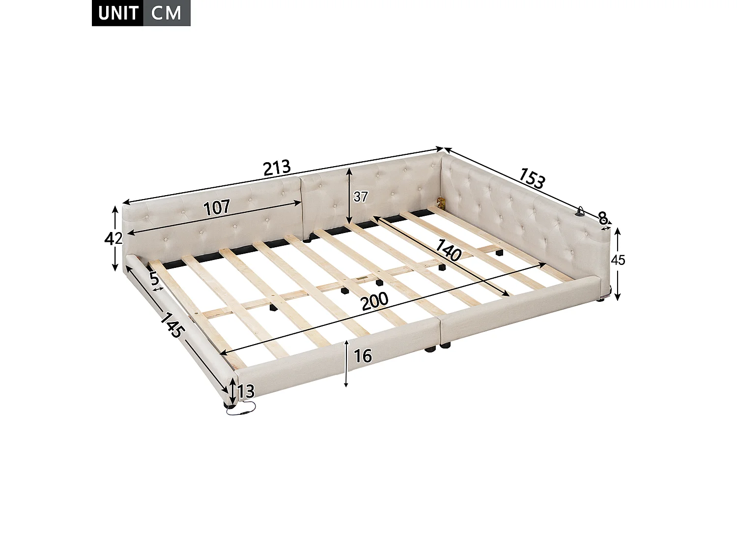 Lit banquette 140x200 cm en lin - avec LED et ports de recharge - Beige