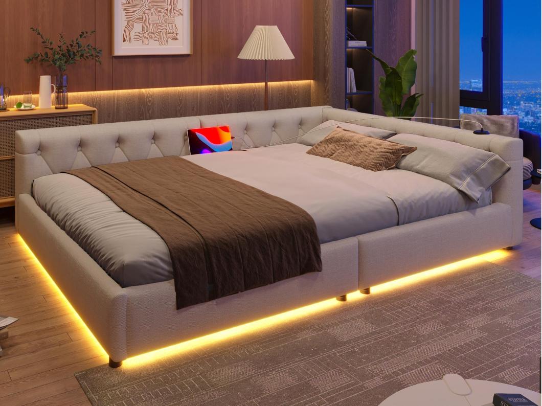 Cama de dia em linho 140x200 cm - com LED e portas de carregamento - Bege