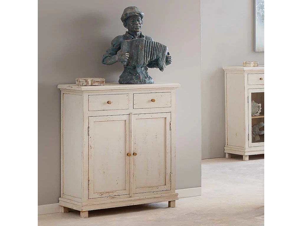 Hall en bois fini artisanal avec 2 portes et 2 tiroirs blancs 85x40x100