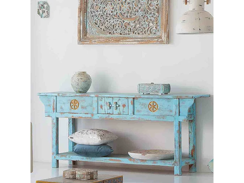 Holzhalle mit handgefertigter, gealterter blauer Oberfläche, 181x45x80