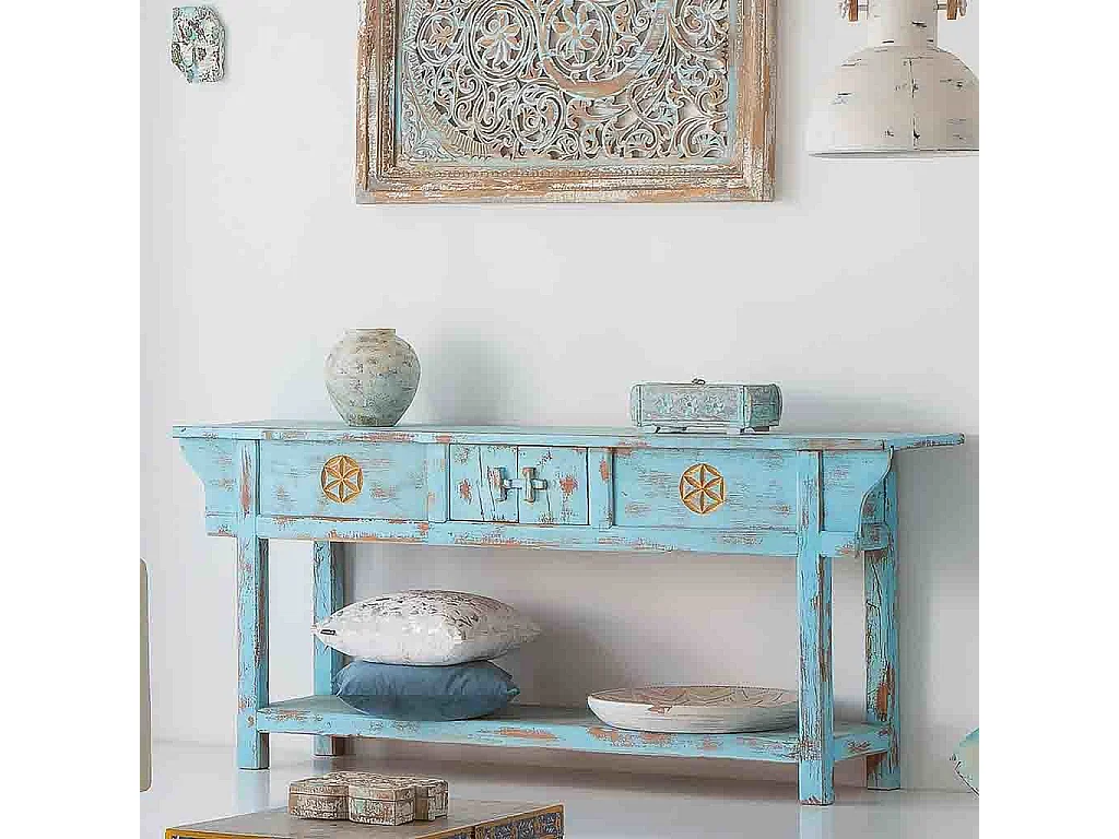 Holzhalle mit handgefertigter, gealterter blauer Oberfläche, 181x45x80